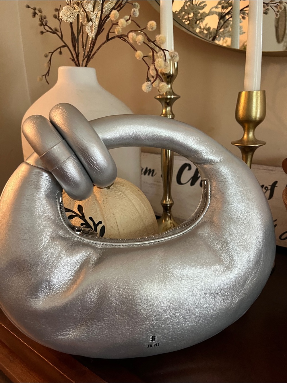 JW PEI Metallic Silver Knot-Handle Crescent Bag